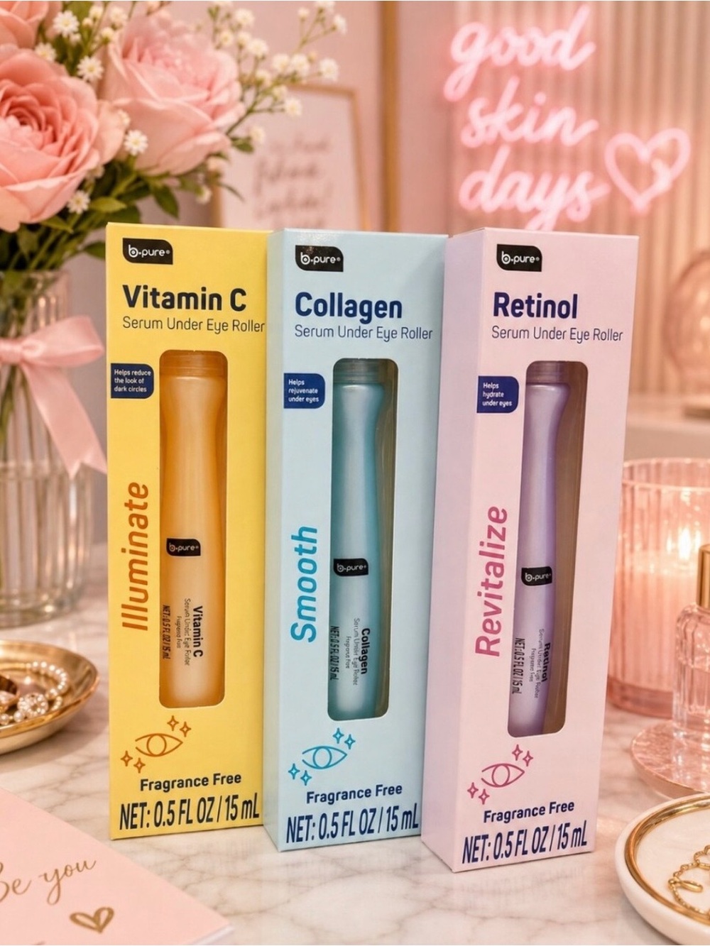 🆕🪷 b•pure LIMITED EDITION 3-PIECE SERUM UNDER EYE ROLLER SET. BRAND NEW!